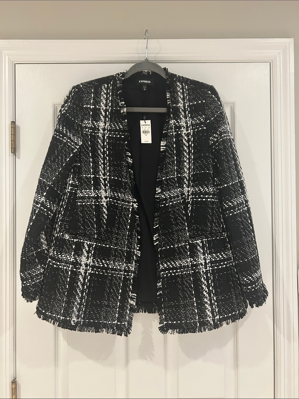 Express Black & White Plaid Frayed Bouclé Open Blazer